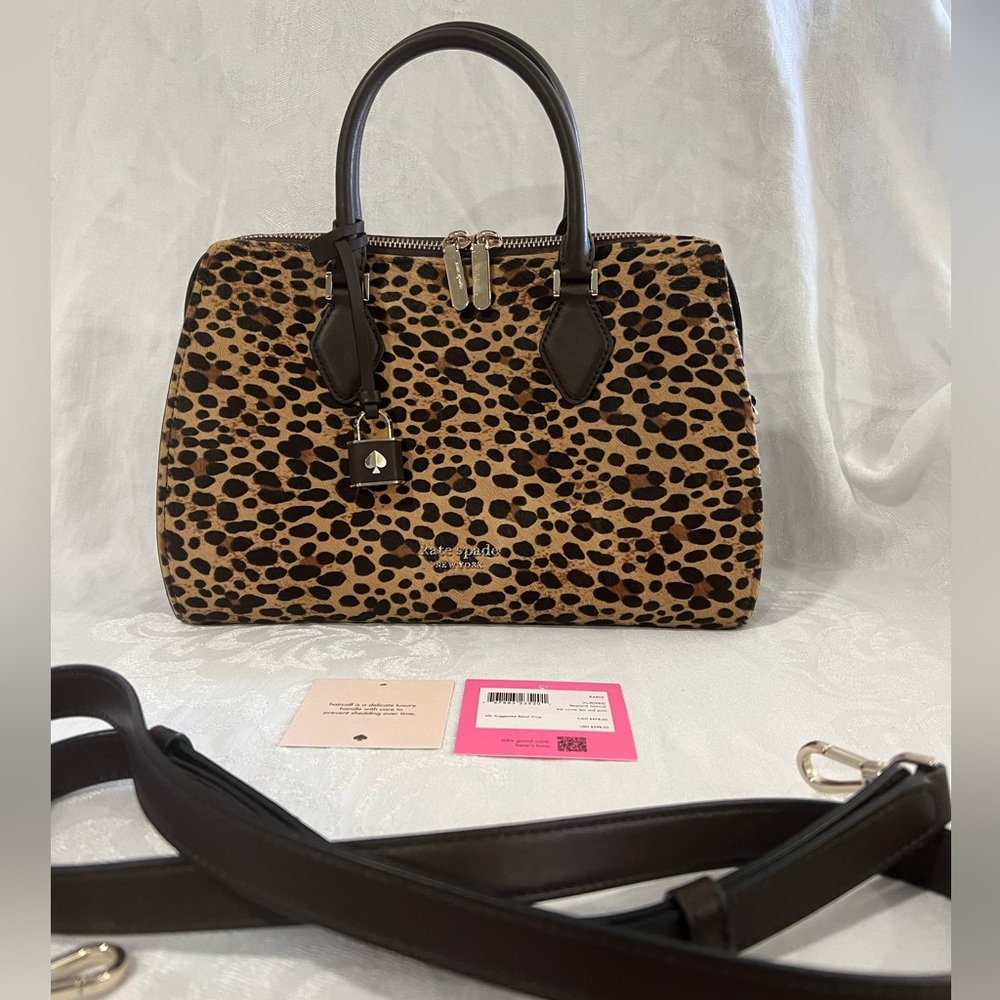 Kate Spade Leopard Haircalf zip medium satchel with chocolate leather sides